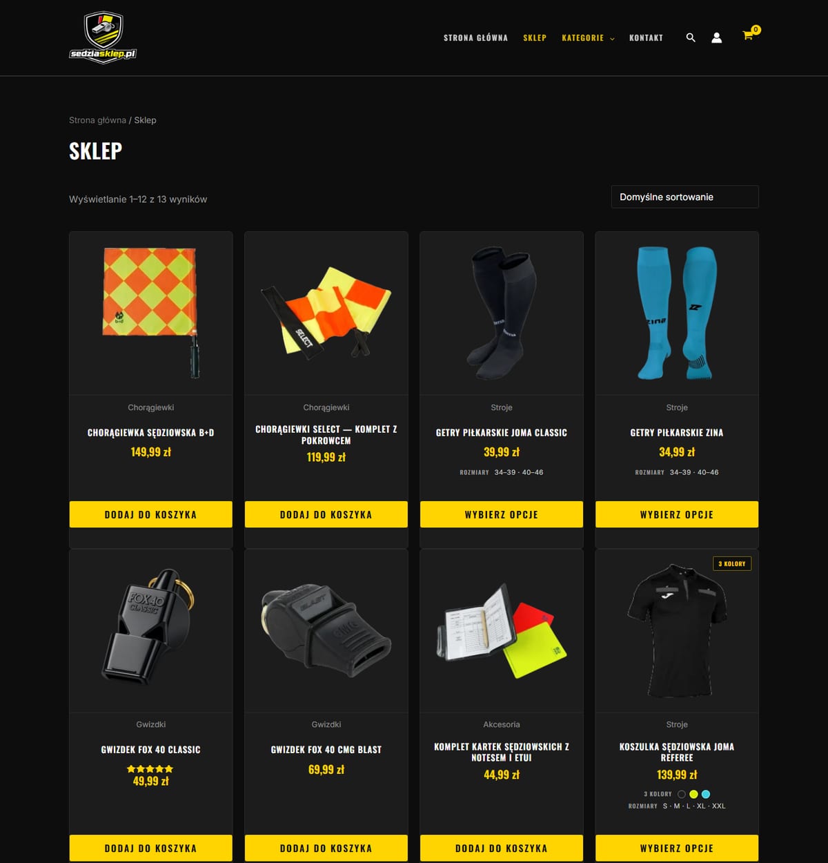 Katalog produktów sklepu z siatką kafelków, próbkami kolorów i zakresami rozmiarów