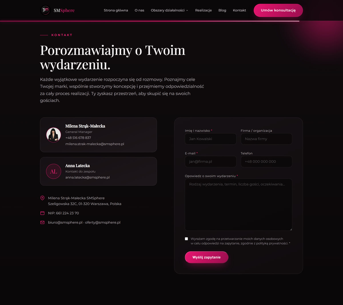 Sekcja kontaktu z formularzem zapytania i adresami e-mail w domenie smsphere.pl
