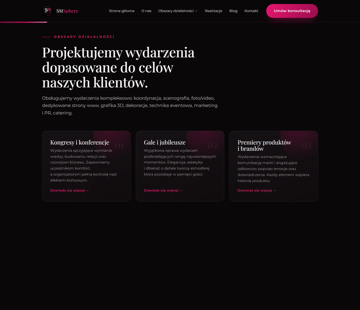 Sekcja obszarów działalności z kafelkami kongresów, gal i premier produktów